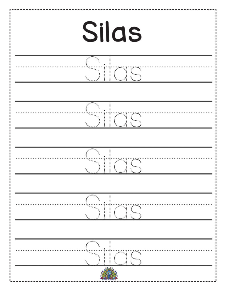 Oefenblad voor het leren schrijven van de naam Silas – Educatief en leuk voor kinderen