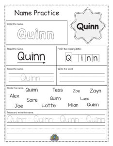 Oefenblad voor het leren schrijven van de naam Quinn – Educatief en leuk voor kinderen