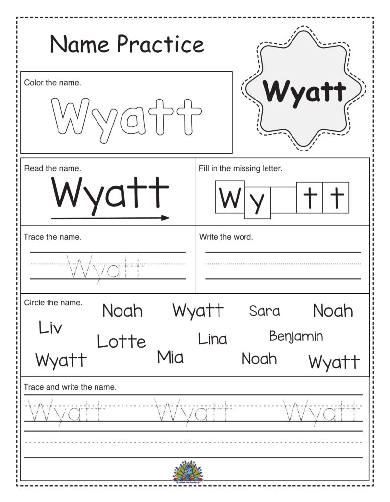Oefenblad voor het leren schrijven van de naam Wyatt – Educatief en leuk voor kinderen
