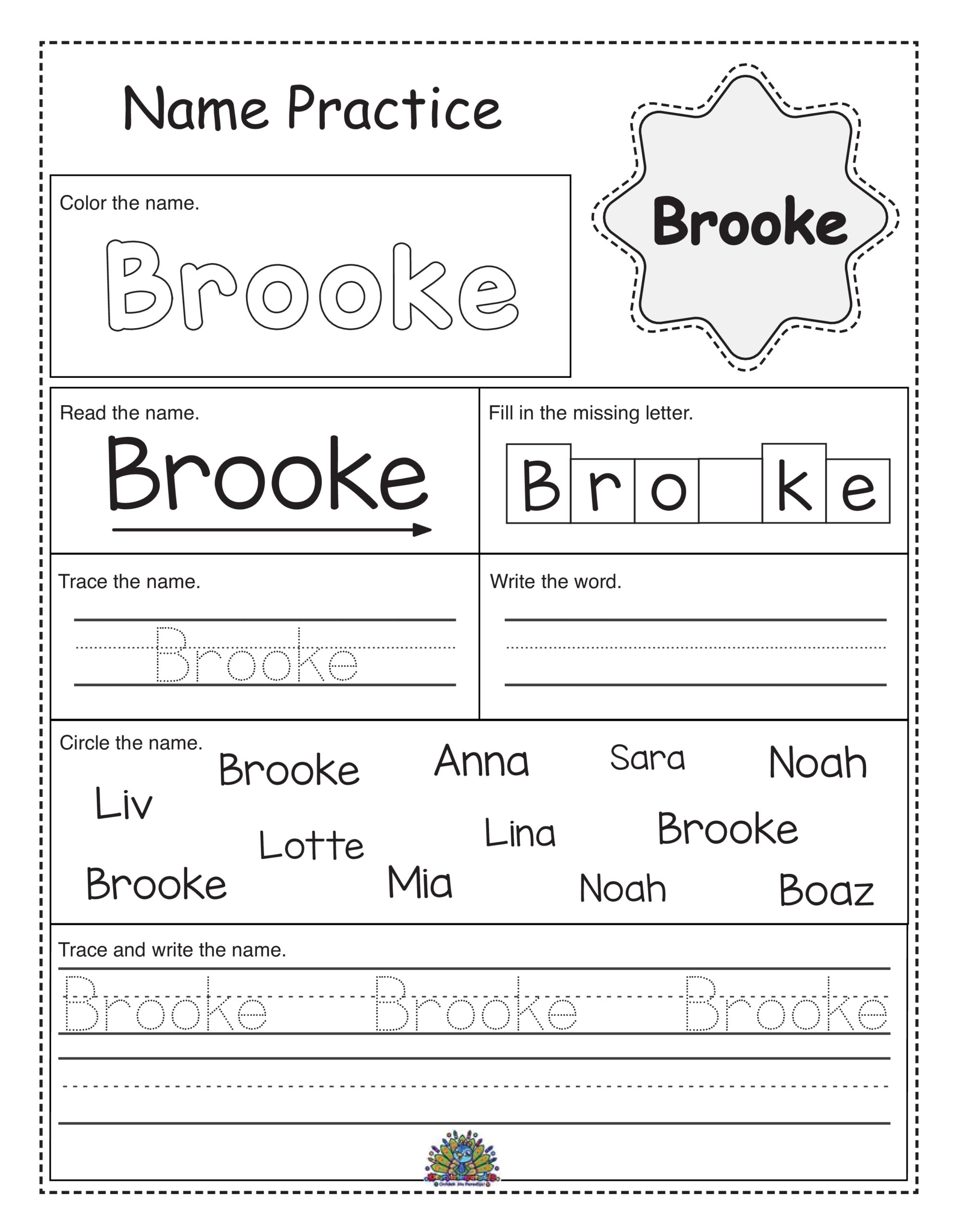 Oefenblad voor het leren schrijven van de naam Brooke – Educatief en leuk voor kinderen