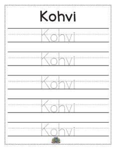 Oefenblad voor het leren schrijven van de naam Kohvi – Educatief en leuk voor kinderen