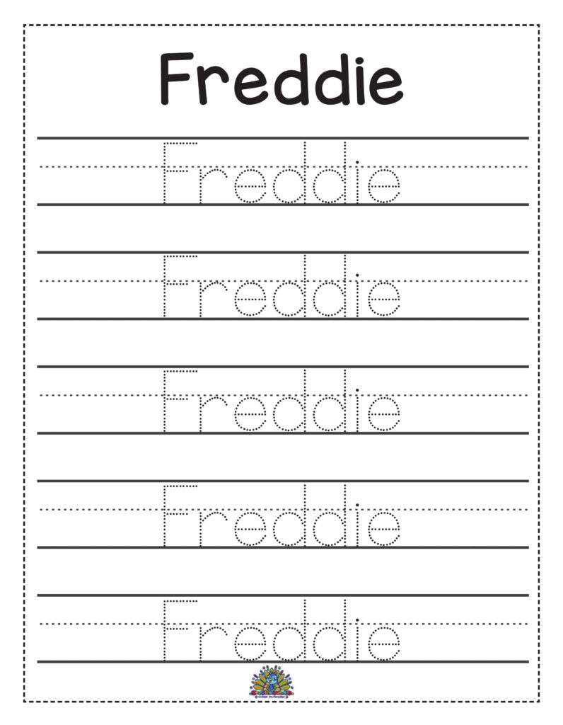 Oefenblad voor het leren schrijven van de naam Freddie – Educatief en leuk voor kinderen