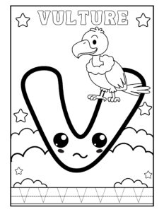 Gratis kleurplaat van de letter V met een schattige vulture – Alphabet leren en kleuren
