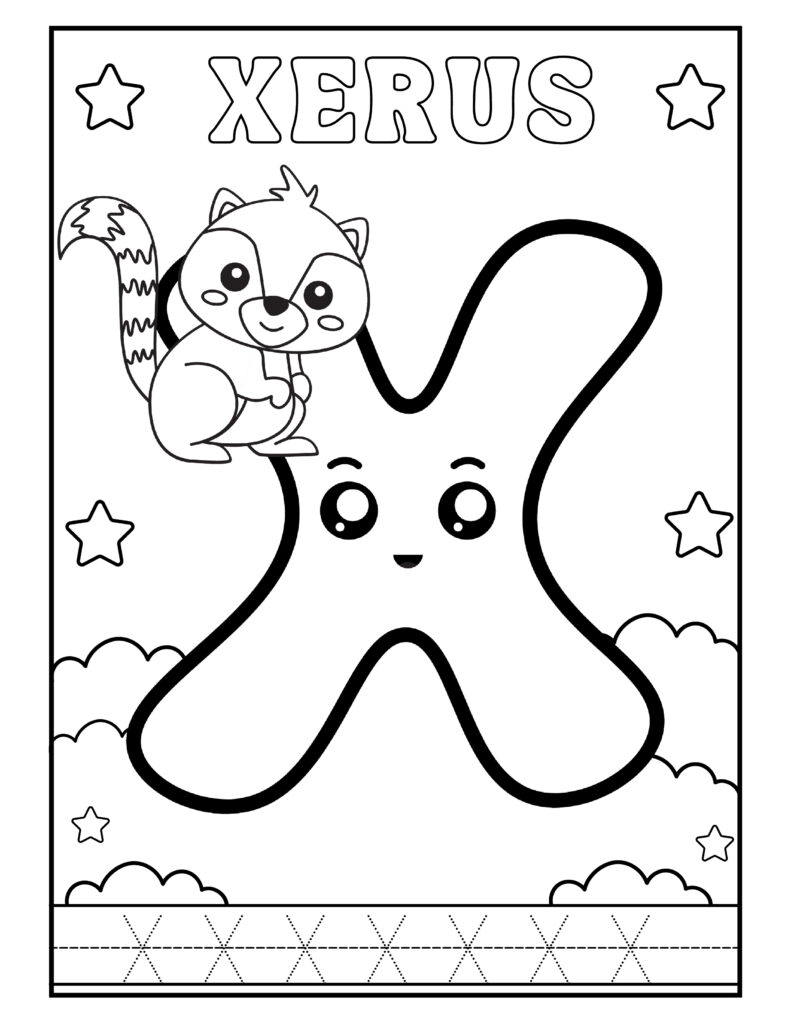 Gratis kleurplaat van de letter X met een schattige xerus – Alphabet leren en kleuren