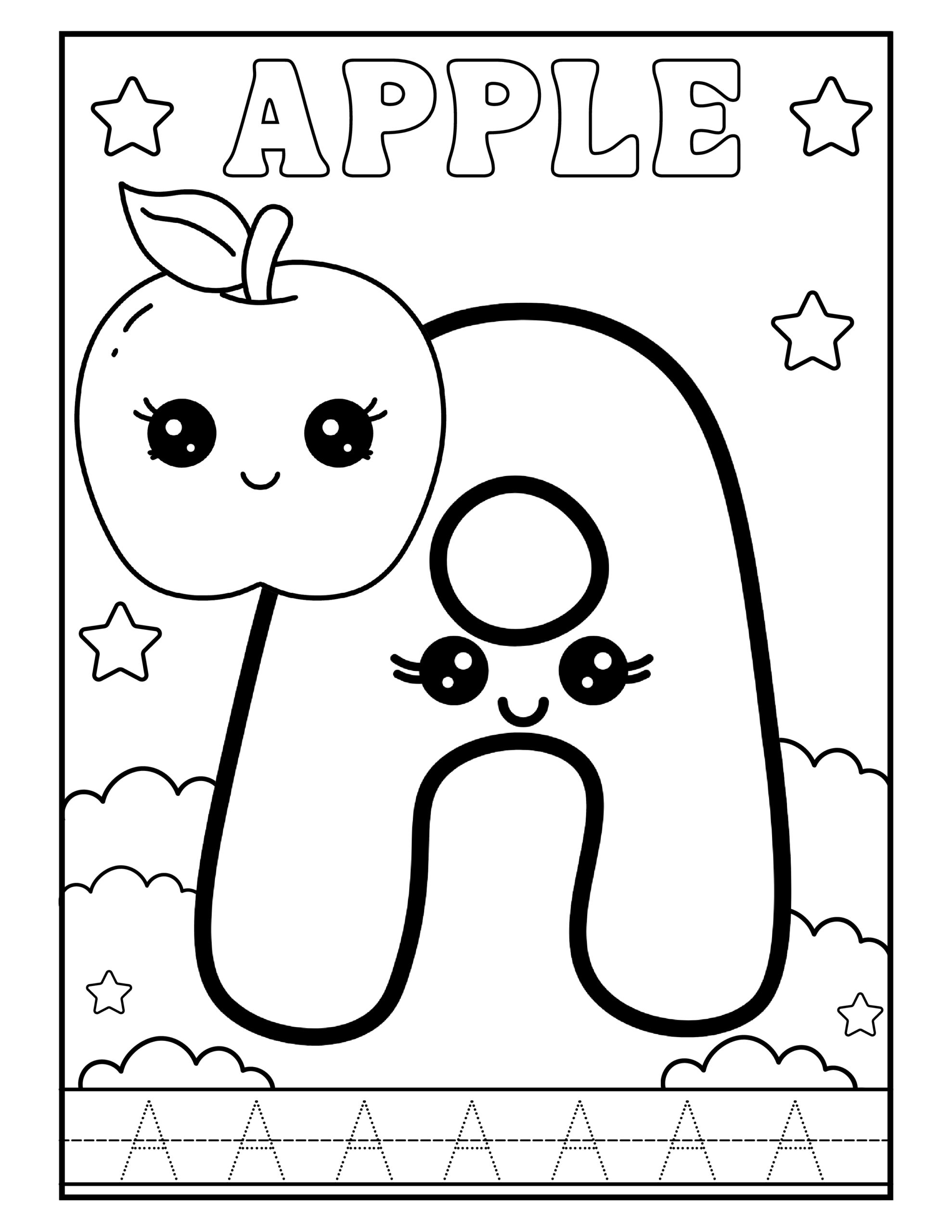 Gratis kleurplaat van de letter A met een schattige apple – Alphabet leren en kleuren