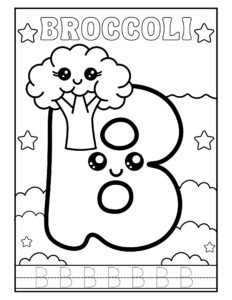 Gratis kleurplaat van de letter B met schattige broccoli – Alphabet leren en kleuren