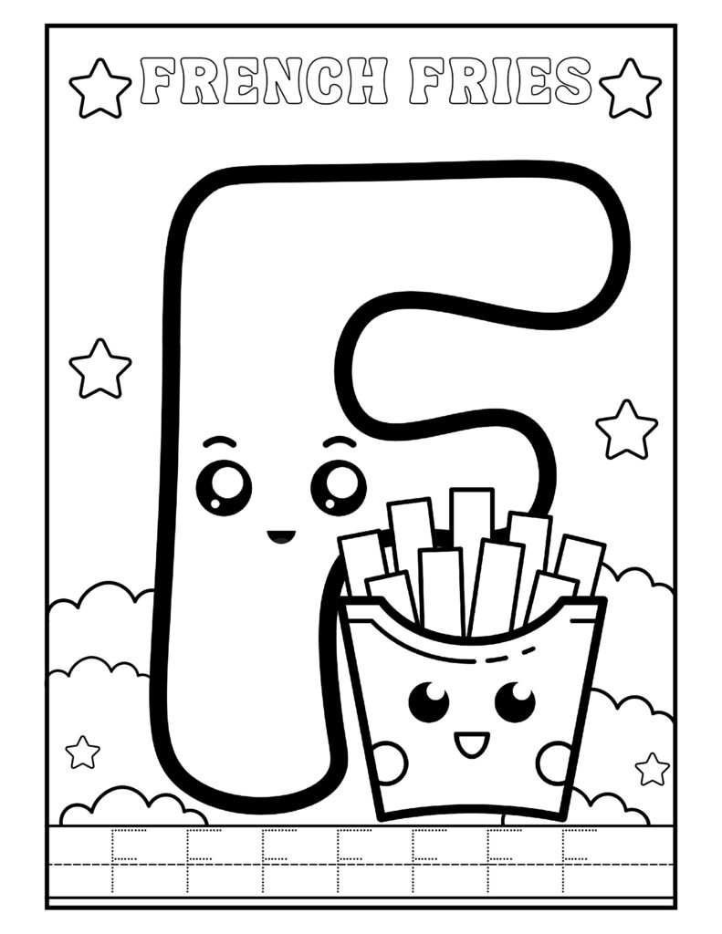Gratis kleurplaat van de letter F met schattige french fries – Alphabet leren en kleuren