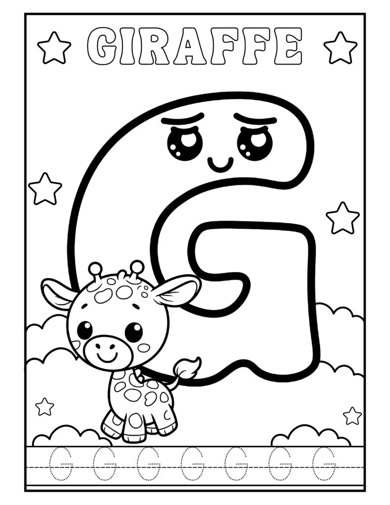 Gratis kleurplaat van de letter G met een schattige giraffe – Alphabet leren en kleuren