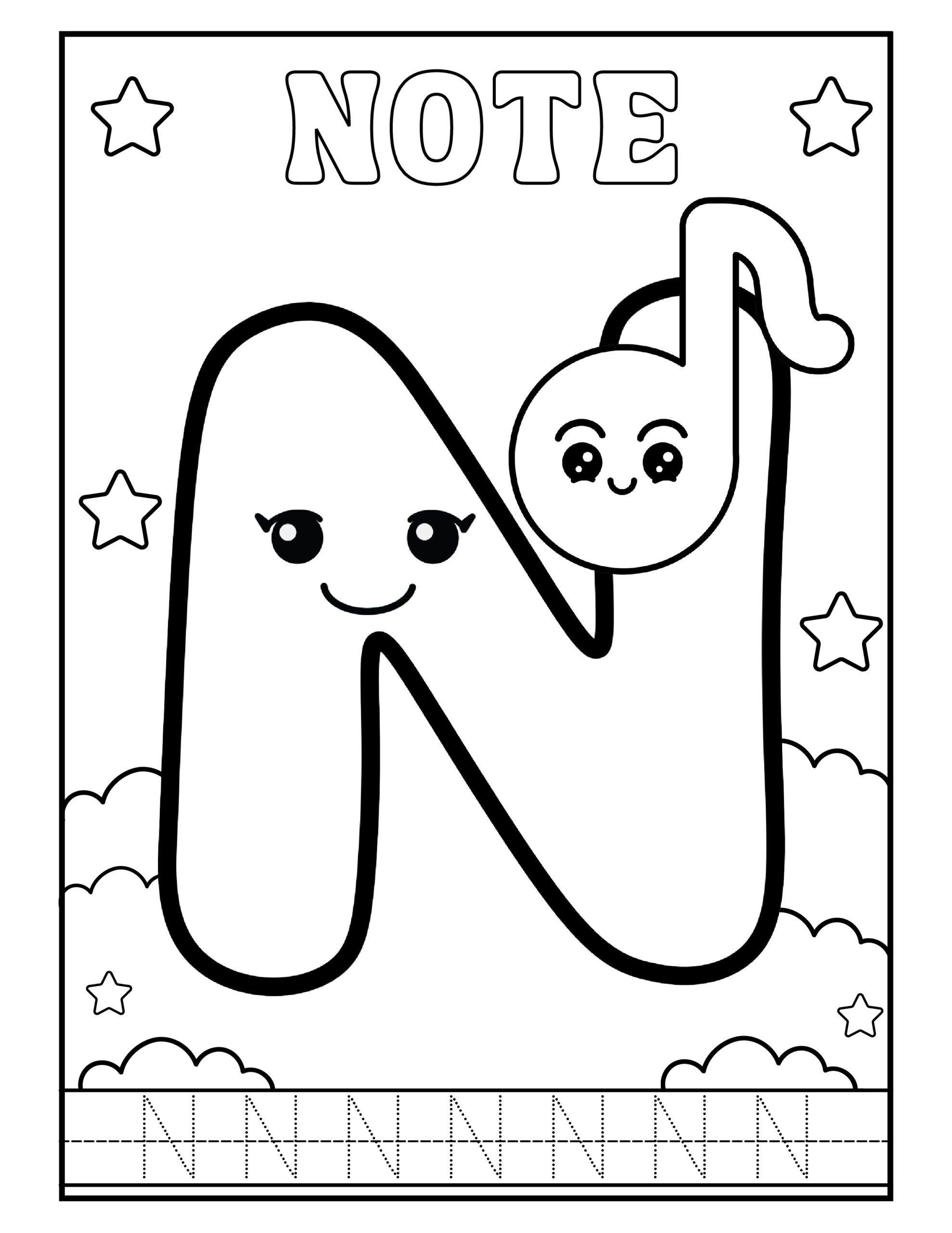 Gratis kleurplaat van de letter N met een schattige note – Alphabet leren en kleuren