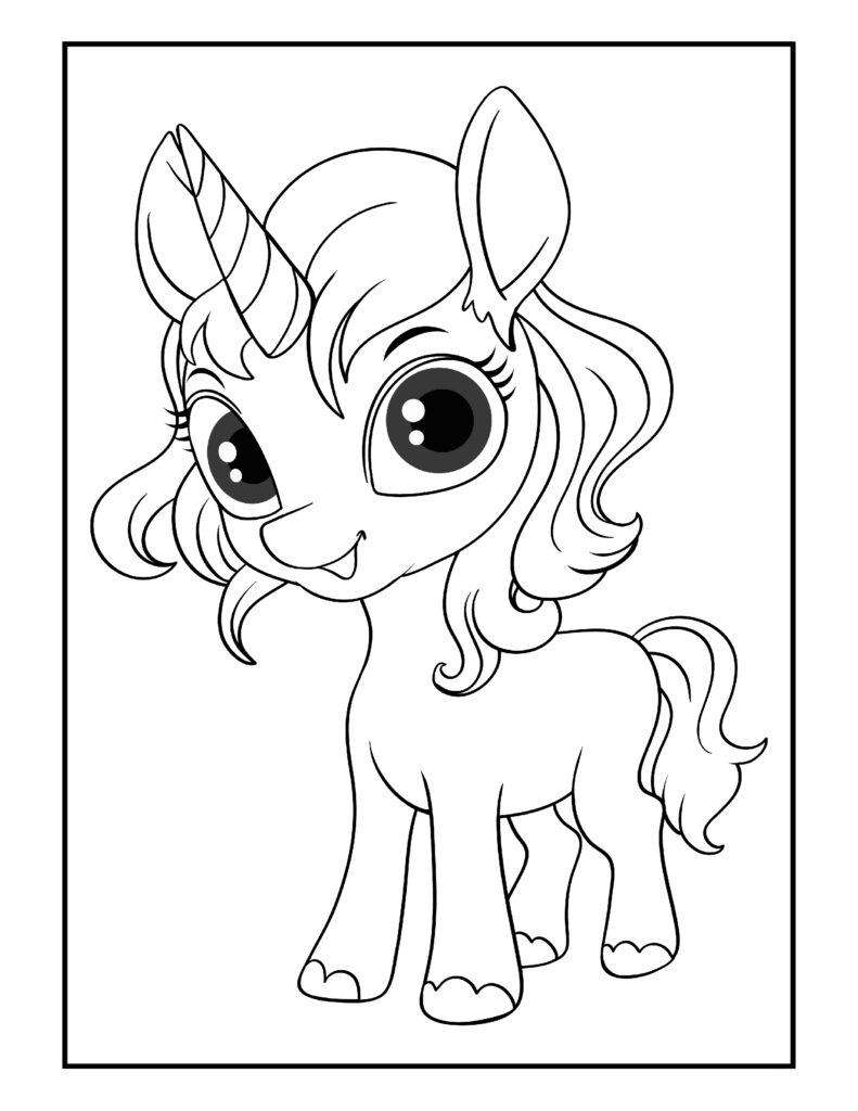 Gratis kleurplaat van schattige eenhoorn met krullend haar – Print en kleur voor kinderen en volwassenen