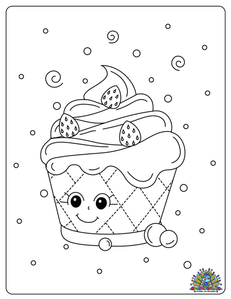Kleurplaat van een cupcake met ijs en aardbeien – Download en kleur voor kinderen