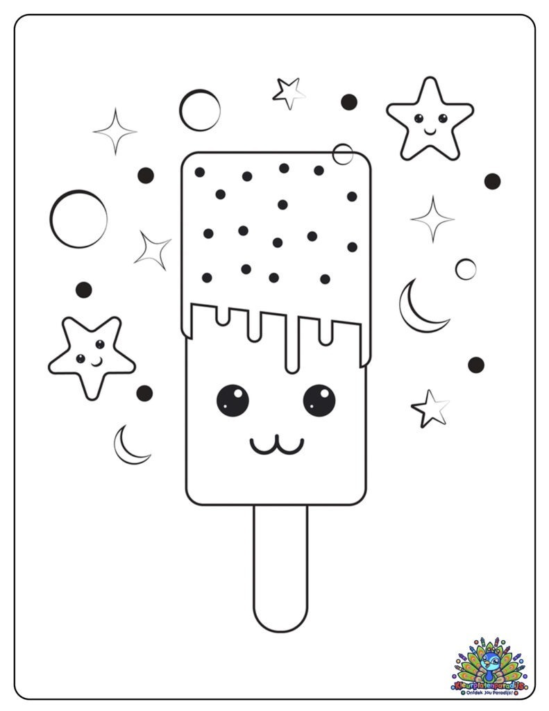 Kleurplaat van een schattig ijsje met sterren en maan – Print en kleur voor kinderen