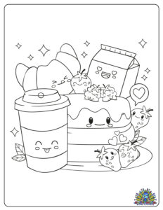 Gratis kleurplaat van een ontbijttafel met taart, aardbeien, en een beker – Print en kleur voor kinderen