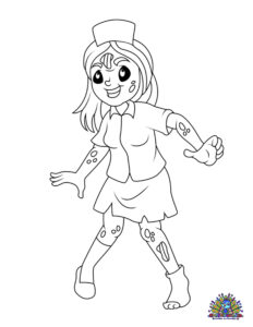 Gratis kleurplaat van een vrolijke maar griezelige zombie-verpleegster met gescheurde kleding en littekens, perfect voor Halloween