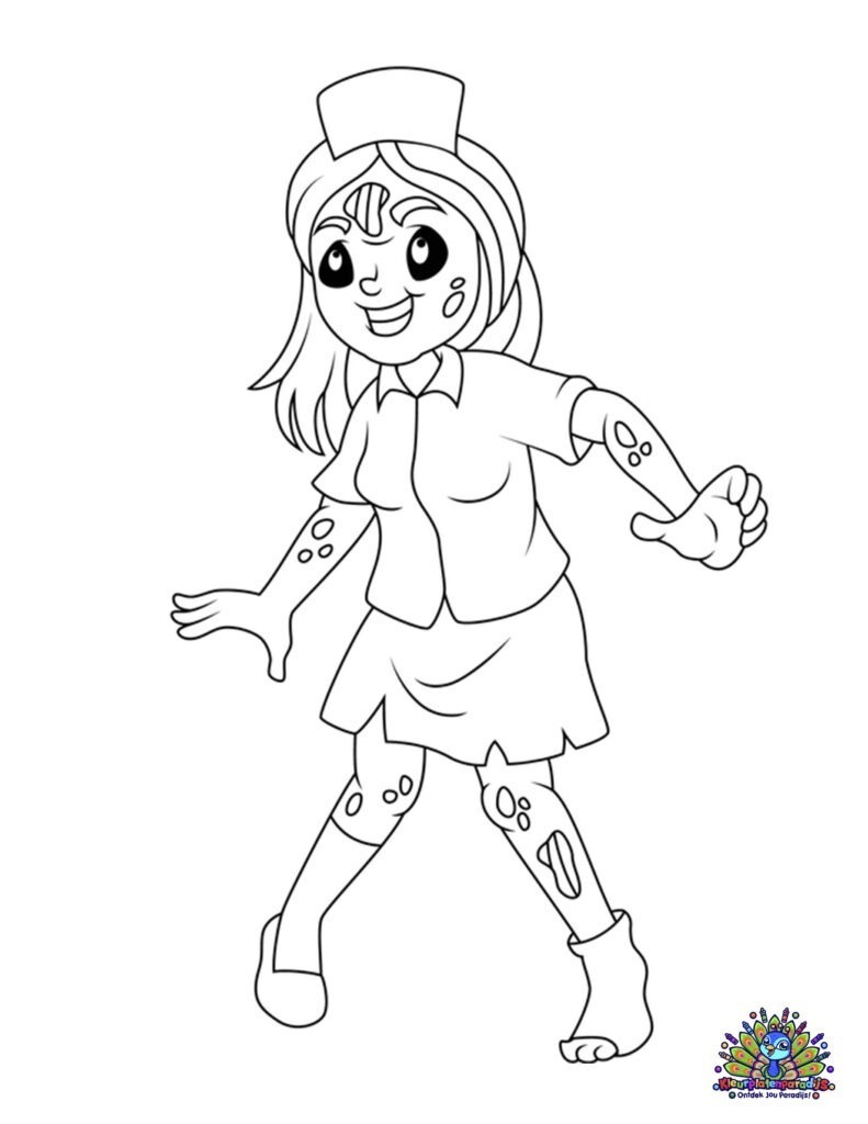 Gratis kleurplaat van een vrolijke maar griezelige zombie-verpleegster met gescheurde kleding en littekens, perfect voor Halloween