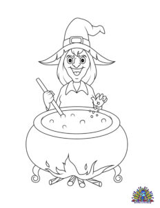 Gratis kleurplaat van een heks die een magische toverdrank brouwt in een borrelende ketel