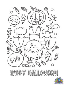 Gratis kleurplaat van een vrolijke vleermuis, Halloween pompoen en snoepjes met Happy Halloween tekst