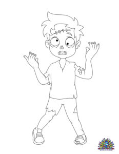 Gratis kleurplaat van een schattige, maar verbaasde zombie jongen met gescheurde kleding en grote ogen