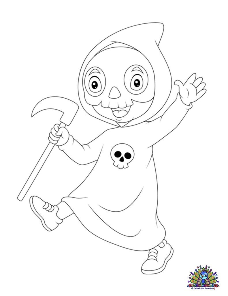 Gratis kleurplaat van een vrolijke Magere Hein met een sikkel en een griezelig maar schattig Halloween-kostuum
