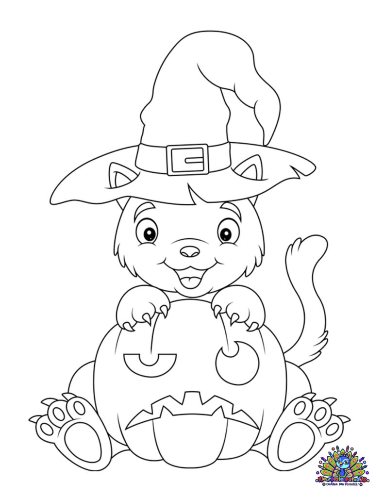 Gratis kleurplaat van een schattig katje met een heksenhoed en een Halloween-pompoen