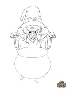 Gratis kleurplaat van een enge heks die boven haar brouwketel toverspreuken uitspreek