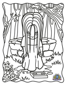 Gratis kleurplaat van een eng meisje met lang haar dat uit een put kruipt, met een videoband op de grond