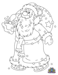 Gratis kleurplaat van de Kerstman met een zak vol cadeautjes, klaar om kerstvreugde te verspreiden