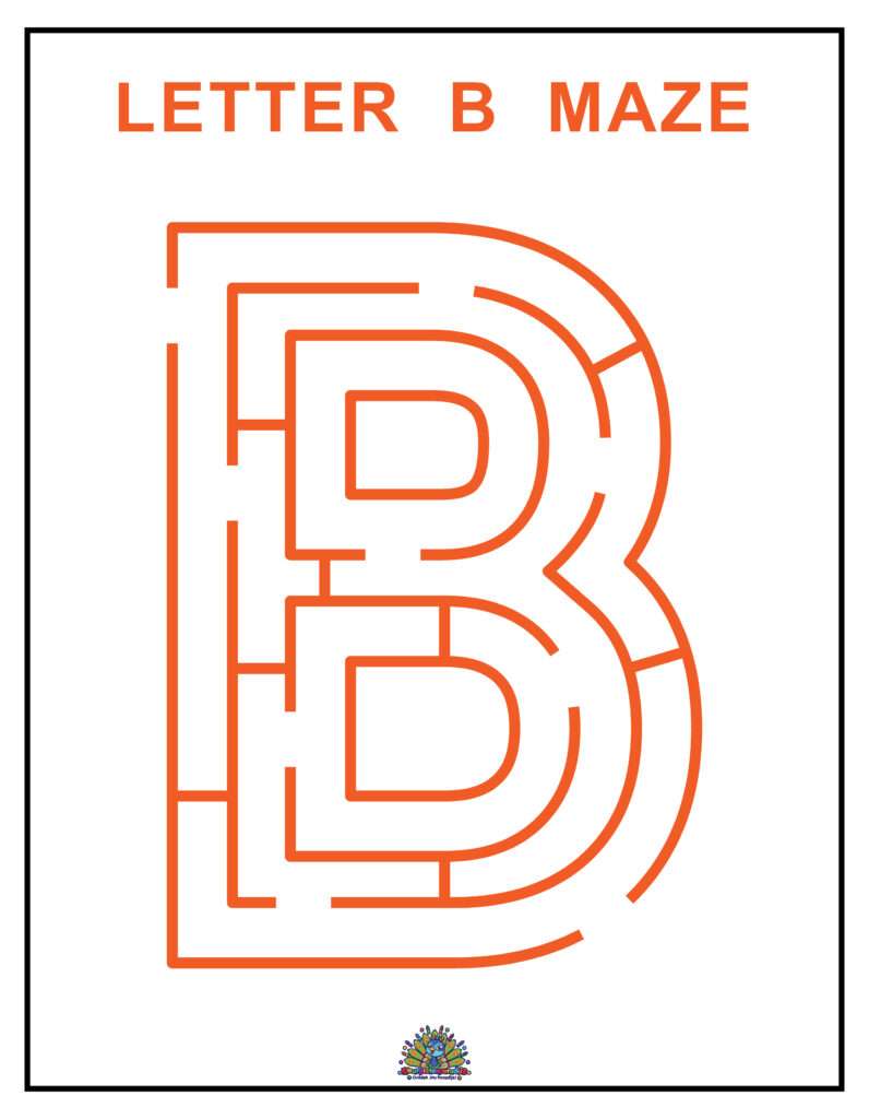 Letter B doolhof werkblad voor kinderen. Volg het doolhof in de vorm van de letter B en oefen spelenderwijs letters herkennen.