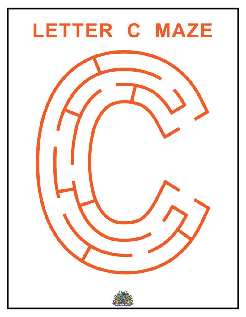 Educatief werkblad met een doolhof in de vorm van de letter C om kinderen spelenderwijs te leren