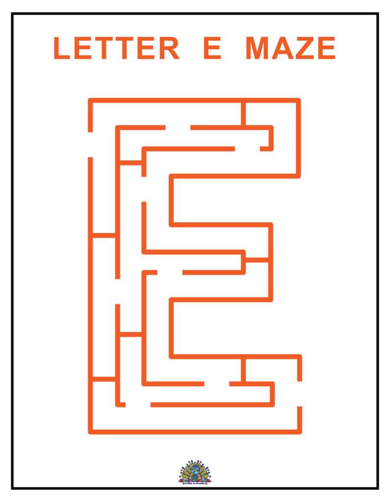 Letter E doolhof werkblad voor kinderen. Volg het doolhof in de vorm van de letter E en oefen spelenderwijs met letterherkenning.