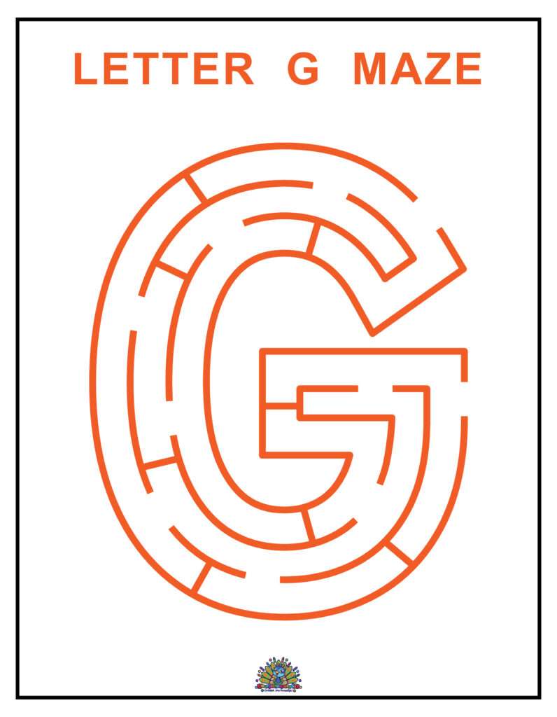 Educatief werkblad met een doolhof in de vorm van de letter G om kinderen spelenderwijs te leren