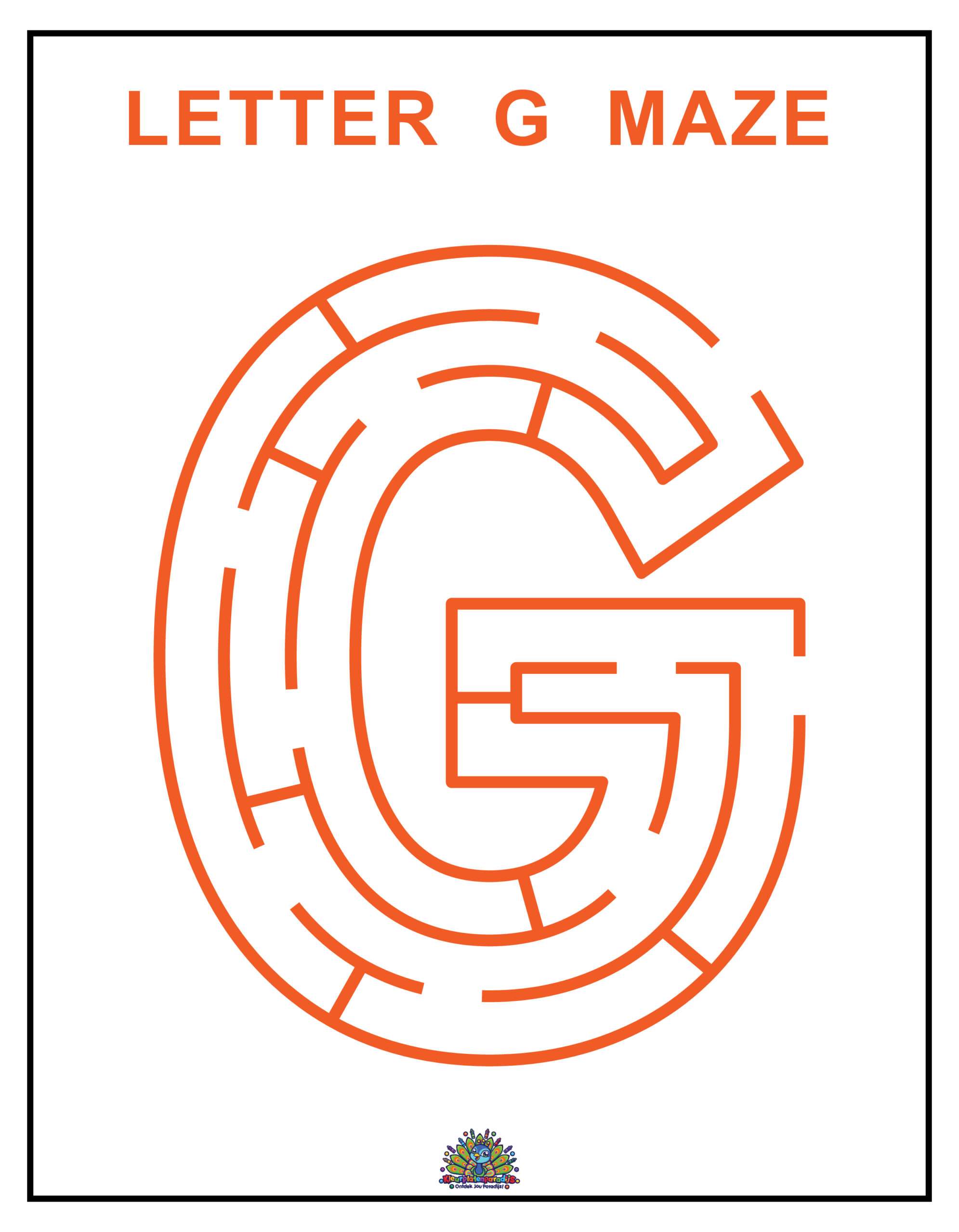 Educatief werkblad met een doolhof in de vorm van de letter G om kinderen spelenderwijs te leren