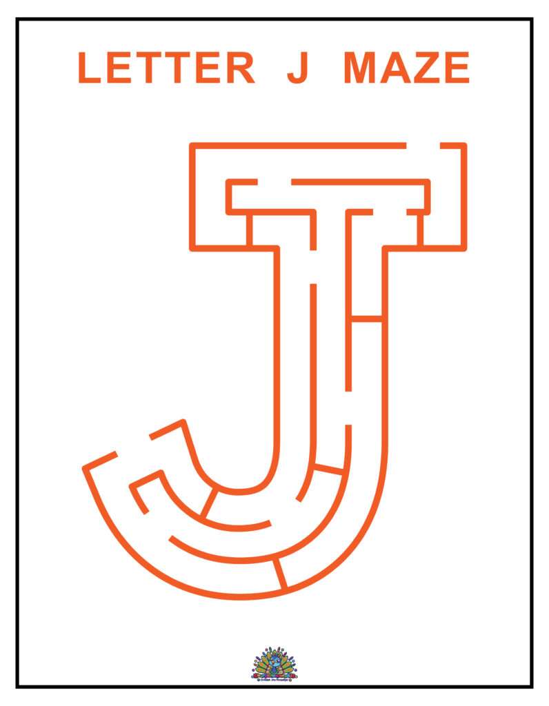 Educatief werkblad met een doolhof in de vorm van de letter J om kinderen spelenderwijs te leren