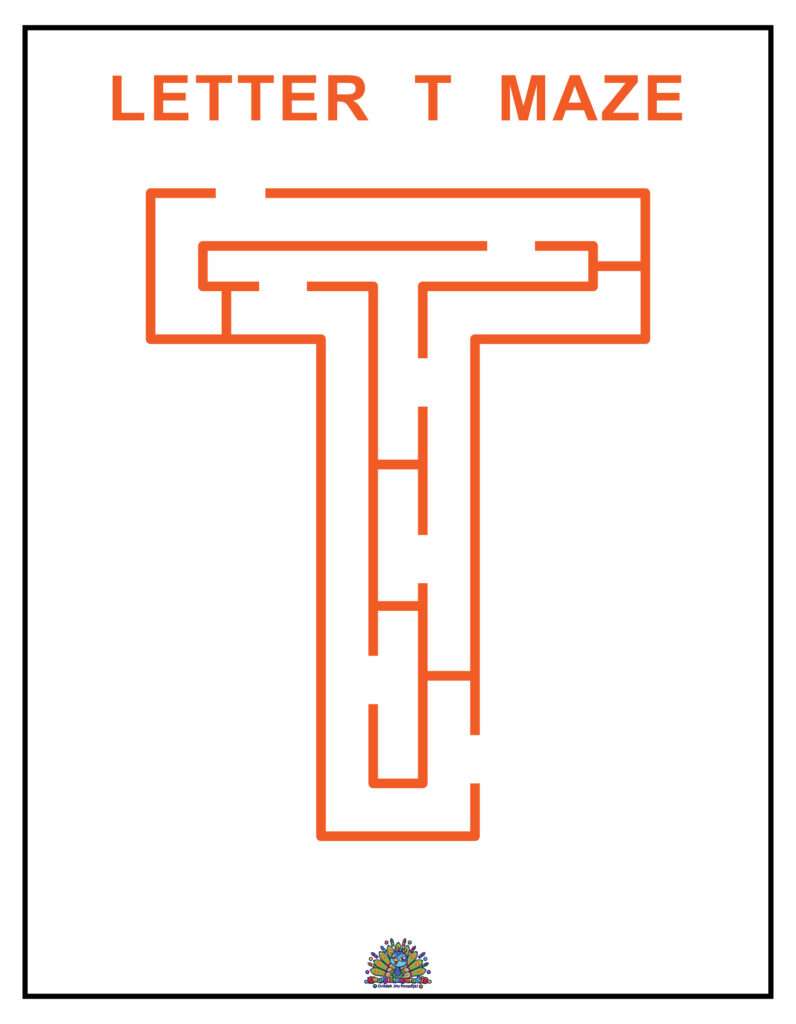 Letter T doolhof werkblad voor kinderen. Volg het doolhof in de vorm van de letter T en oefen spelenderwijs letters herkennen.