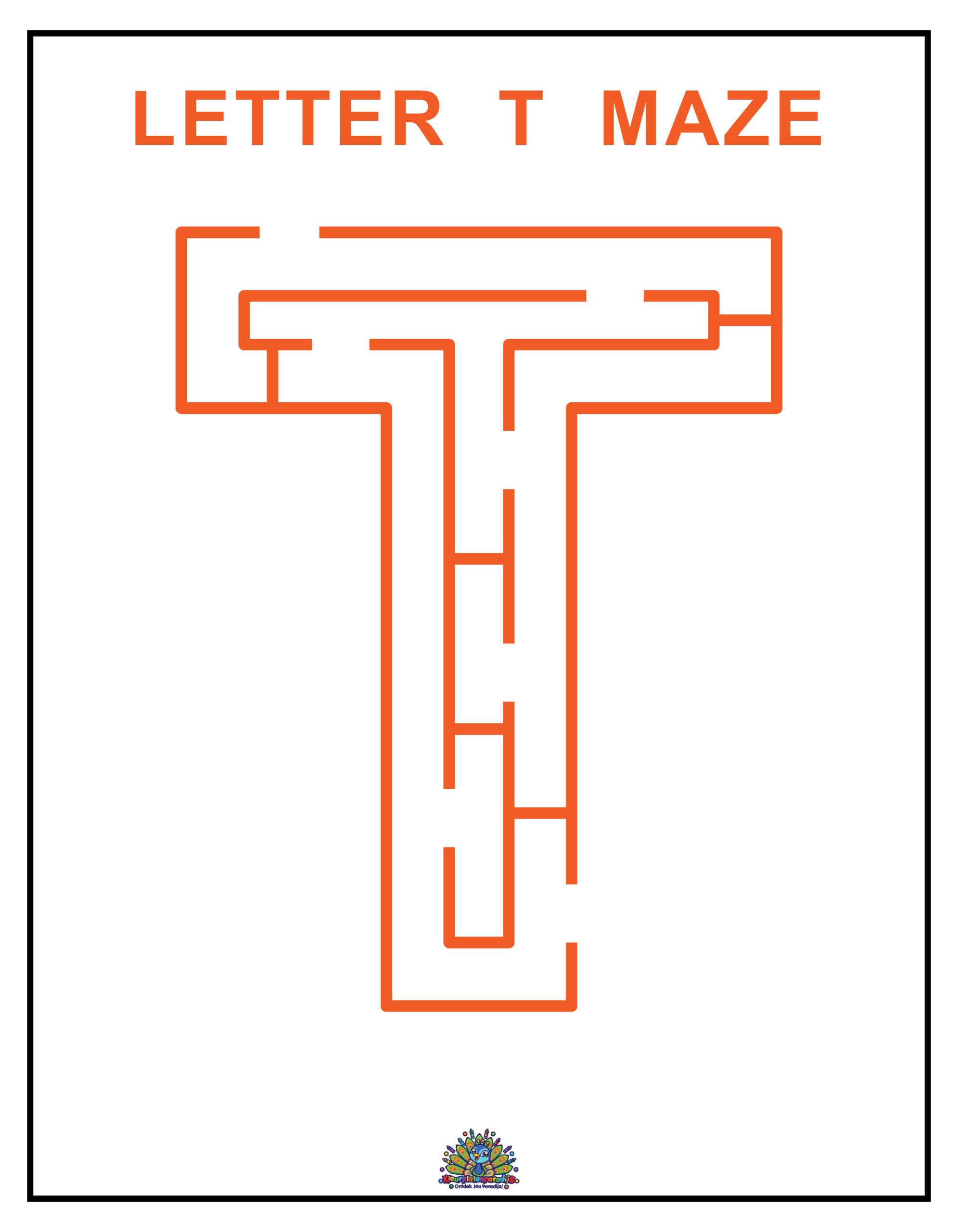 Letter T doolhof werkblad voor kinderen. Volg het doolhof in de vorm van de letter T en oefen spelenderwijs letters herkennen.