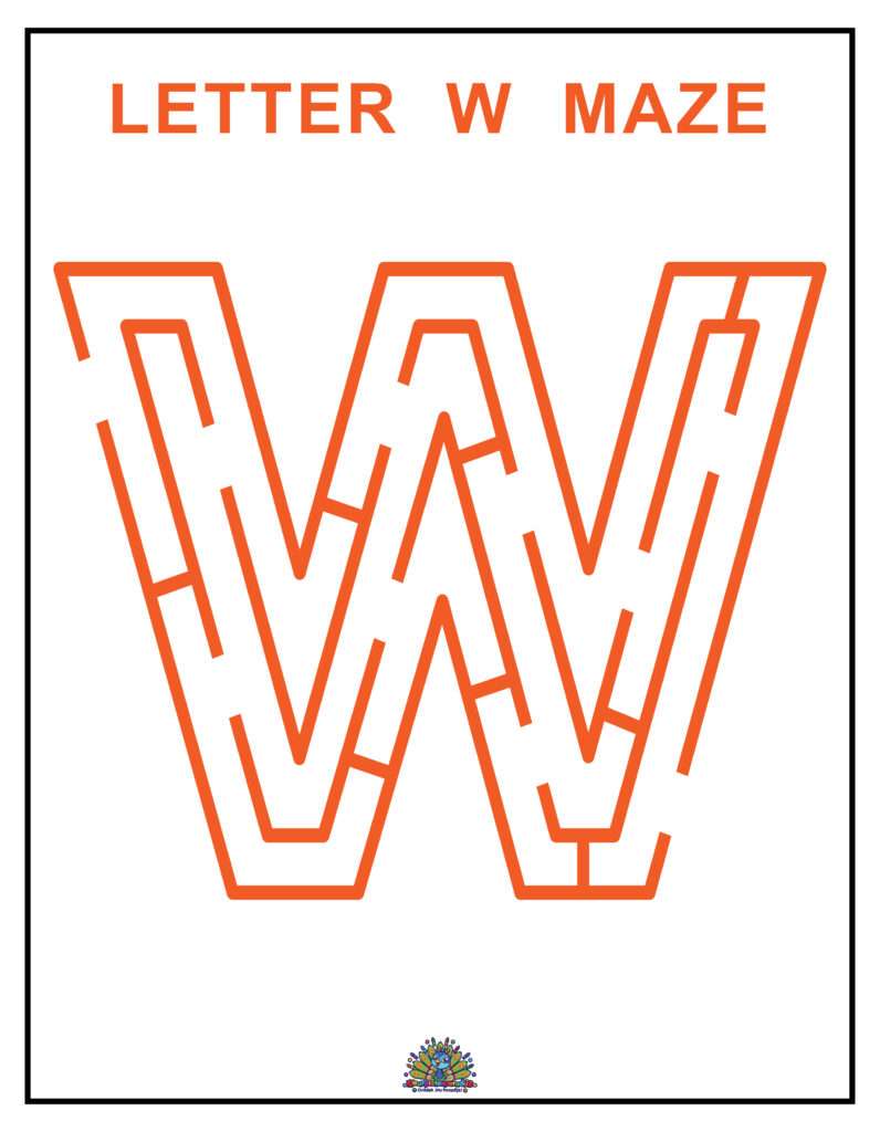 Letter W doolhof werkblad voor kinderen. Volg het doolhof in de vorm van de letter W en oefen spelenderwijs letters herkennen.