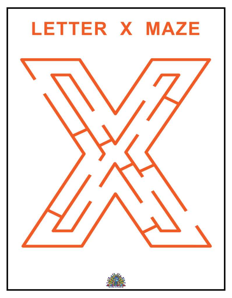 Educatief werkblad met een doolhof in de vorm van de letter X om kinderen spelenderwijs te leren