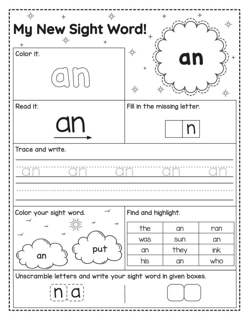 Engels sight word werkblad voor kinderen met het woord an om te lezen, schrijven, kleuren en oefenen