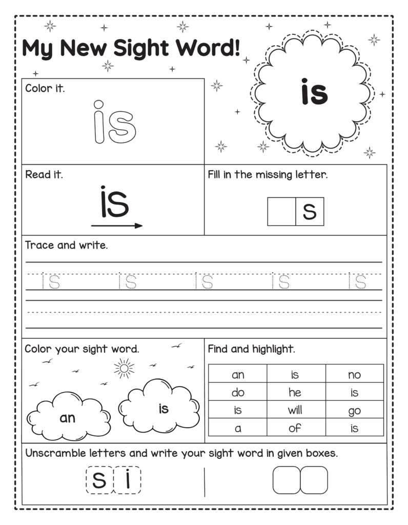 Engels sight word werkblad voor kinderen met het woord is om te lezen, schrijven, kleuren en oefenen