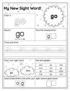 Werkblad om het Engelse woord go te oefenen. Kinderen lezen, kleuren, schrijven, letters invullen, zoeken en het woord vormen.