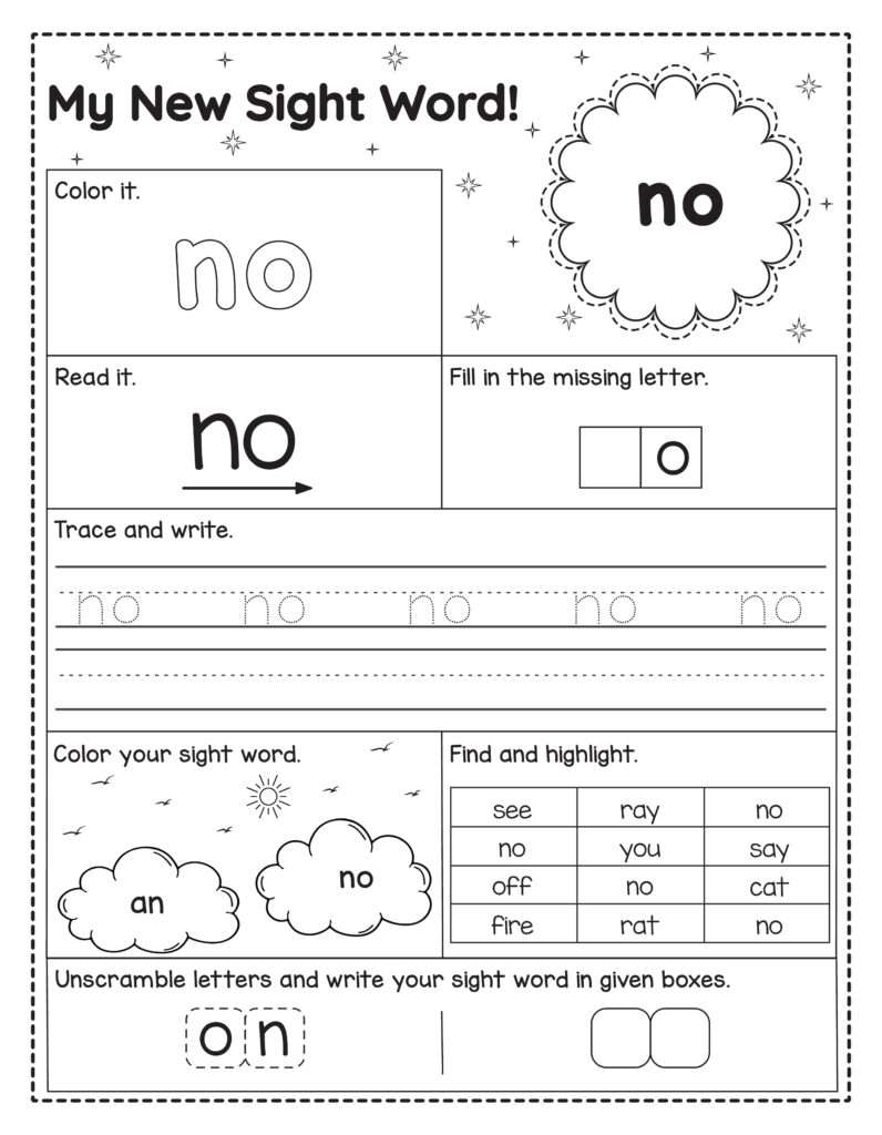 Werkblad om het Engelse woord no te oefenen. Kinderen lezen, kleuren, schrijven, letters invullen, zoeken en het woord vormen.