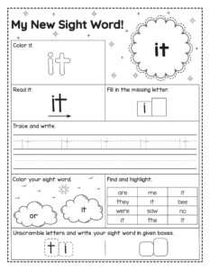 Werkblad om het Engelse woord it te oefenen. Kinderen lezen, kleuren, schrijven, letters invullen, zoeken en het woord vormen.