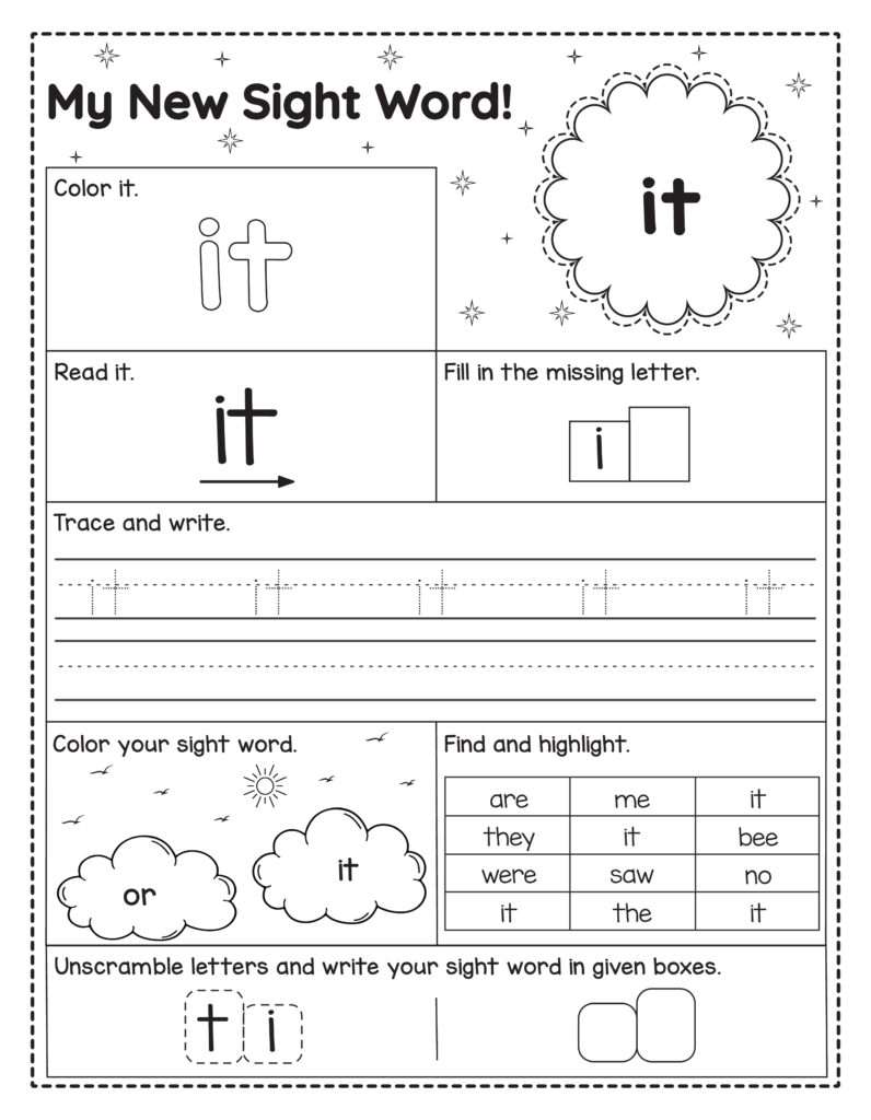 Werkblad om het Engelse woord it te oefenen. Kinderen lezen, kleuren, schrijven, letters invullen, zoeken en het woord vormen.