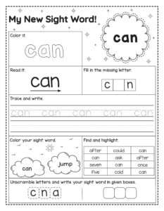Werkblad om het Engelse woord can te oefenen. Kinderen lezen, kleuren, schrijven, letters invullen, zoeken en het woord vormen.