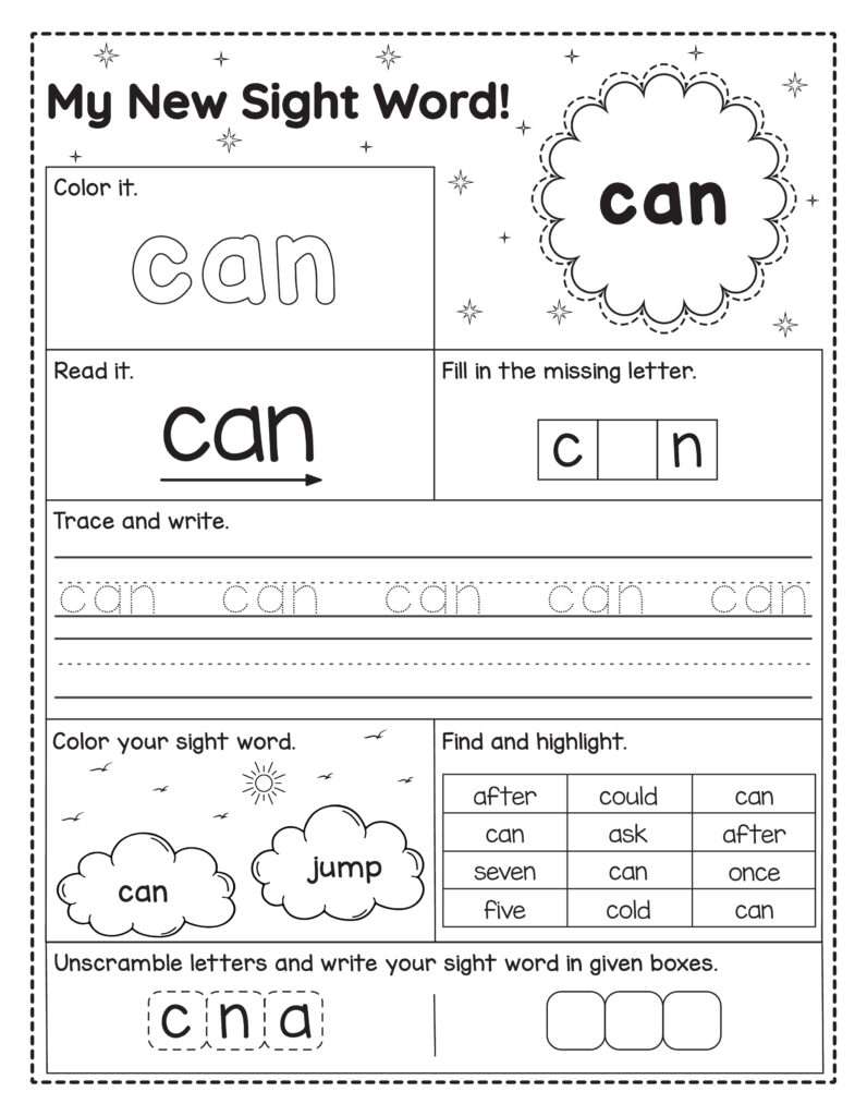 Werkblad om het Engelse woord can te oefenen. Kinderen lezen, kleuren, schrijven, letters invullen, zoeken en het woord vormen.