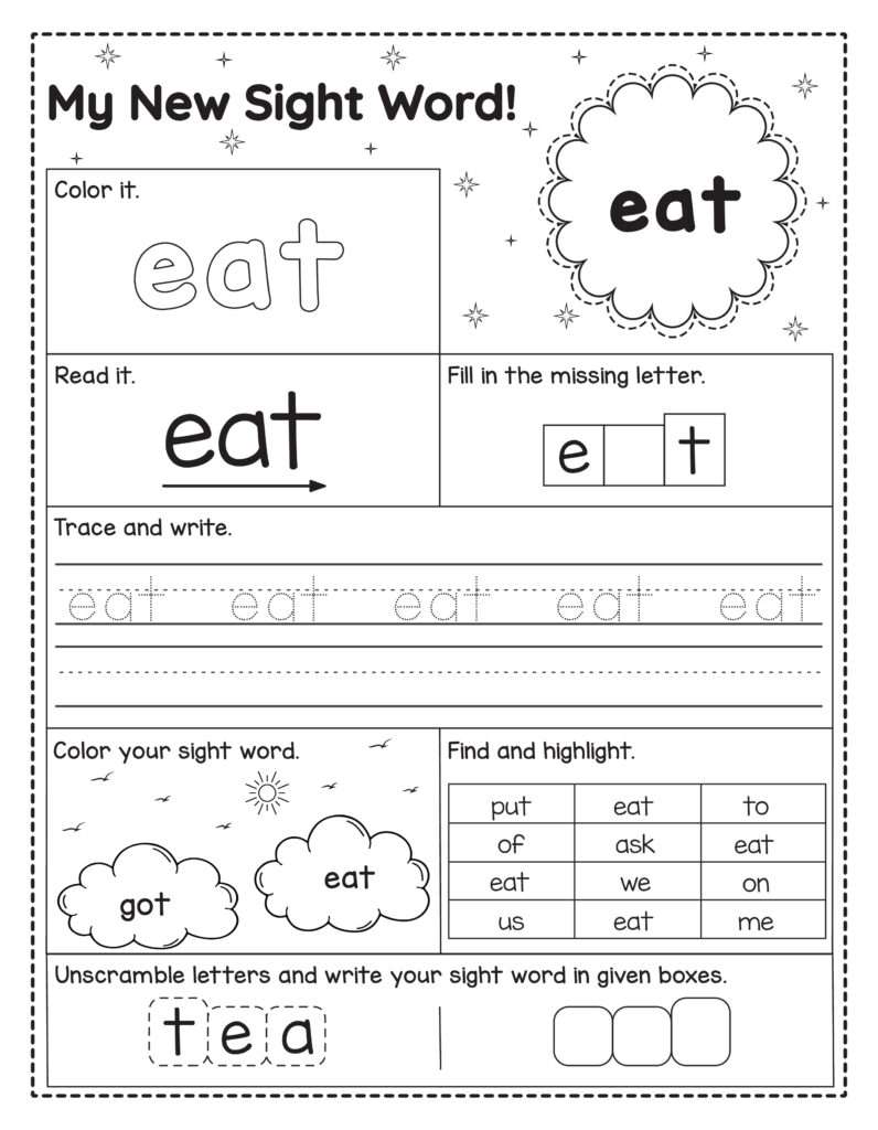 Werkblad om het Engelse woord eat te oefenen. Kinderen lezen, kleuren, schrijven, letters invullen, zoeken en het woord vormen.