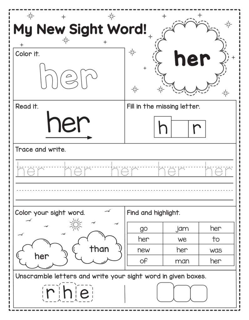 Werkblad om het Engelse woord her te oefenen. Kinderen lezen, kleuren, schrijven, letters invullen, zoeken en het woord vormen.