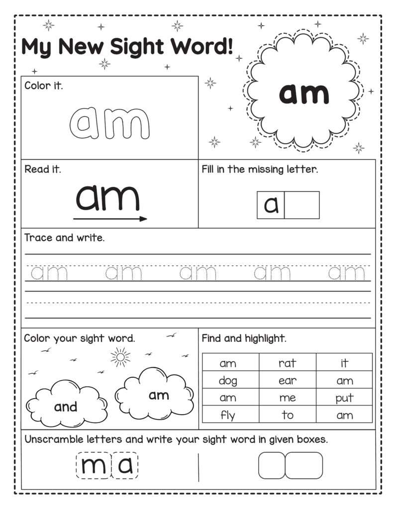 Werkblad om het Engelse woord am te oefenen. Kinderen lezen, kleuren, schrijven, letters invullen, zoeken en het woord vormen.