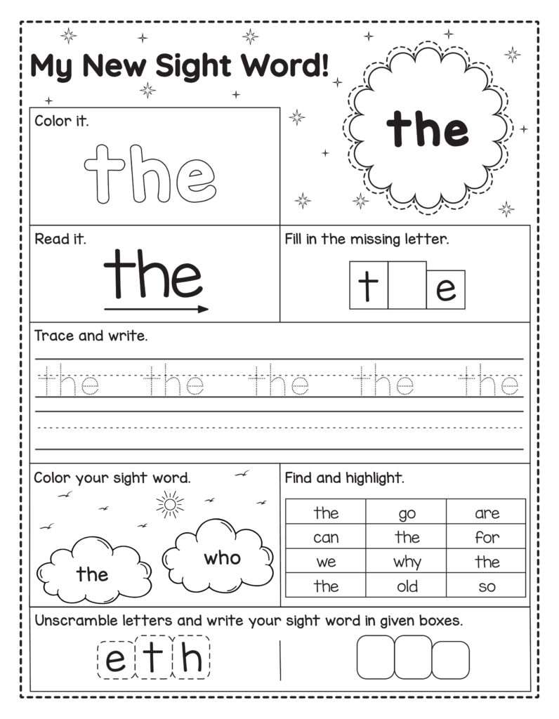 Werkblad om het Engelse woord the te oefenen. Kinderen lezen, kleuren, schrijven, letters invullen, zoeken en het woord vormen.