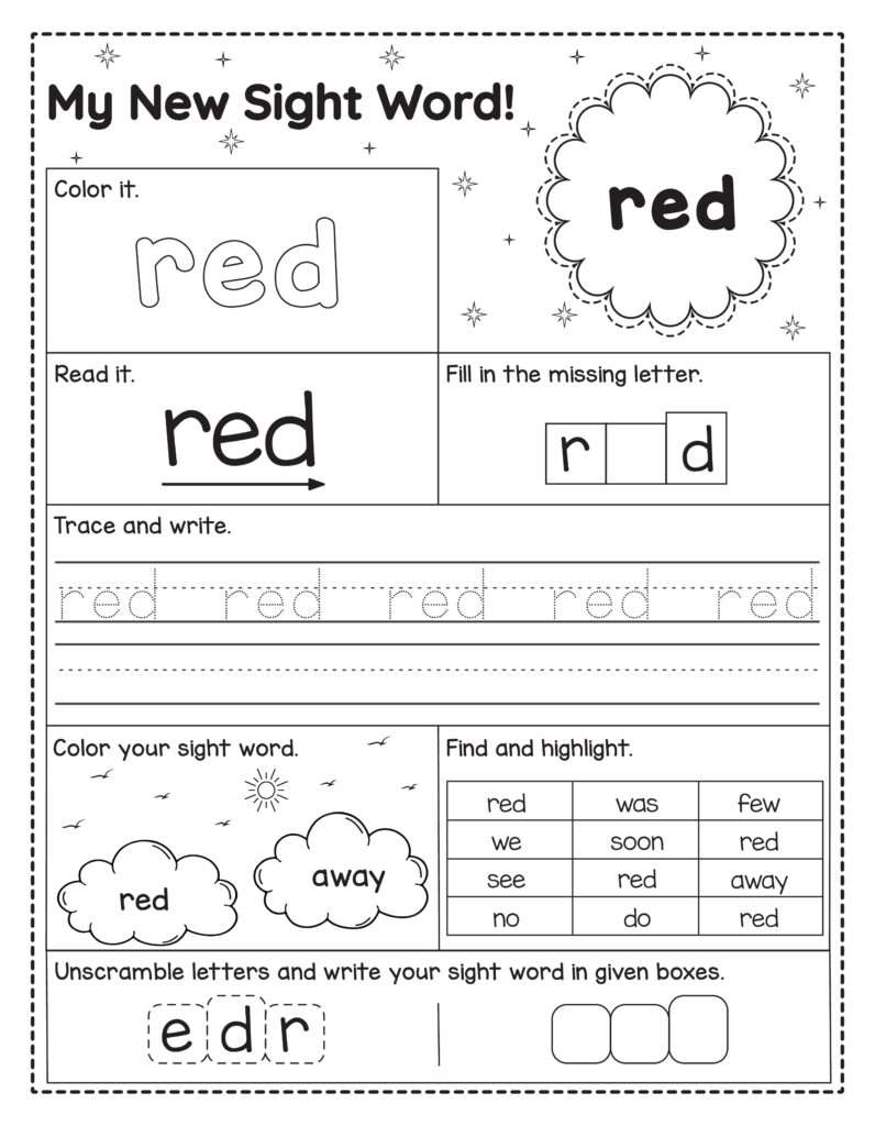 Werkblad om het Engelse woord red te oefenen. Kinderen lezen, kleuren, schrijven, letters invullen, zoeken en het woord vormen.